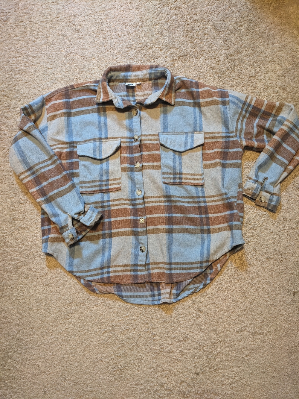 Plaid Button-Up Shirt Jacket - Light Blue & Brown